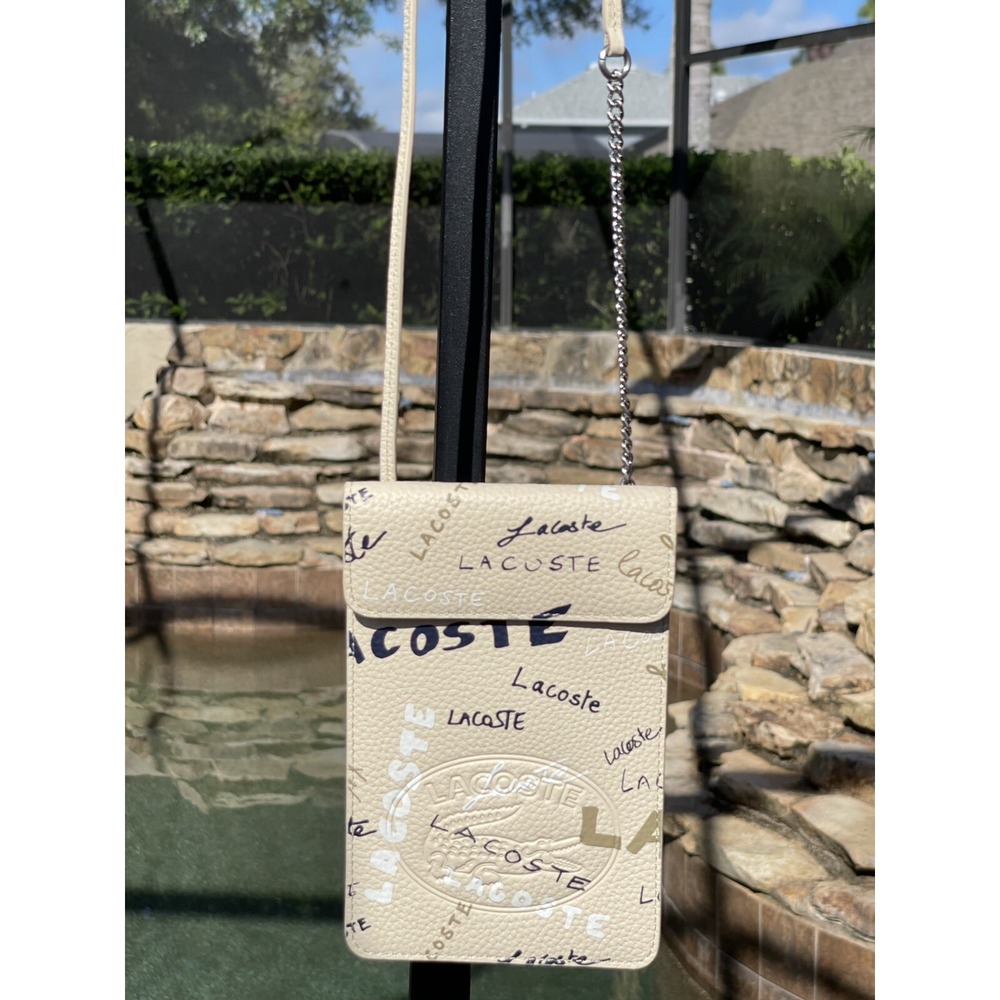 Lacoste Sabler Allover Logo Leather Flap Phone Holder Crossbody Bag Ivory